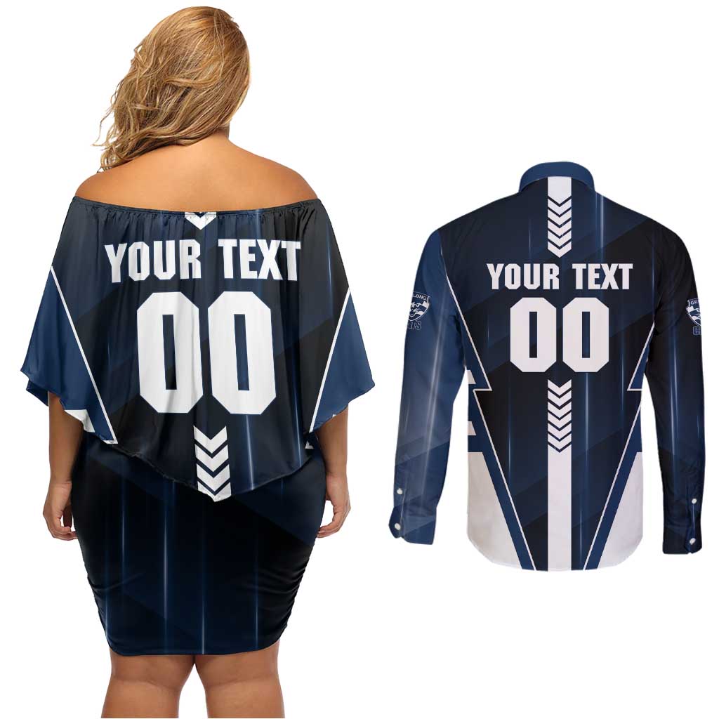 Personalized Geelong Cats Couples Matching Off Shoulder Short Dress and Long Sleeve Button Shirt Modern Geometric Sports Graphic Style