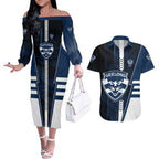 Personalized Geelong Cats Couples Matching Off The Shoulder Long Sleeve Dress and Hawaiian Shirt Modern Geometric Sports Graphic Style