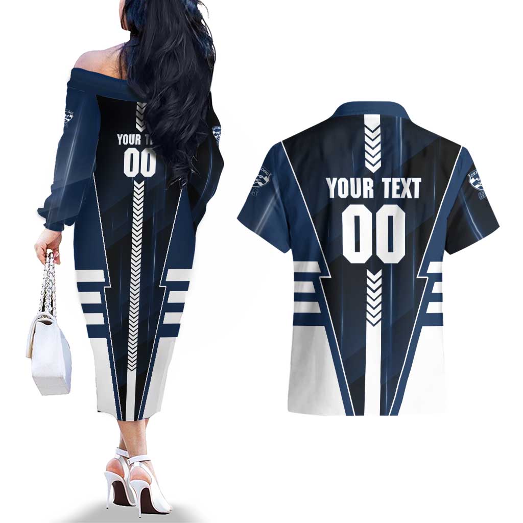 Personalized Geelong Cats Couples Matching Off The Shoulder Long Sleeve Dress and Hawaiian Shirt Modern Geometric Sports Graphic Style