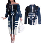 Personalized Geelong Cats Couples Matching Off The Shoulder Long Sleeve Dress and Long Sleeve Button Shirt Modern Geometric Sports Graphic Style