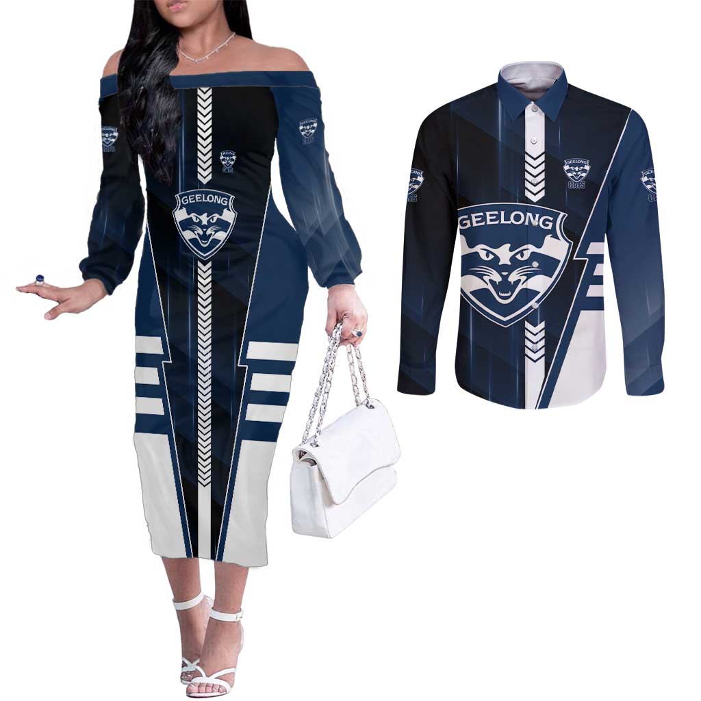 Personalized Geelong Cats Couples Matching Off The Shoulder Long Sleeve Dress and Long Sleeve Button Shirt Modern Geometric Sports Graphic Style