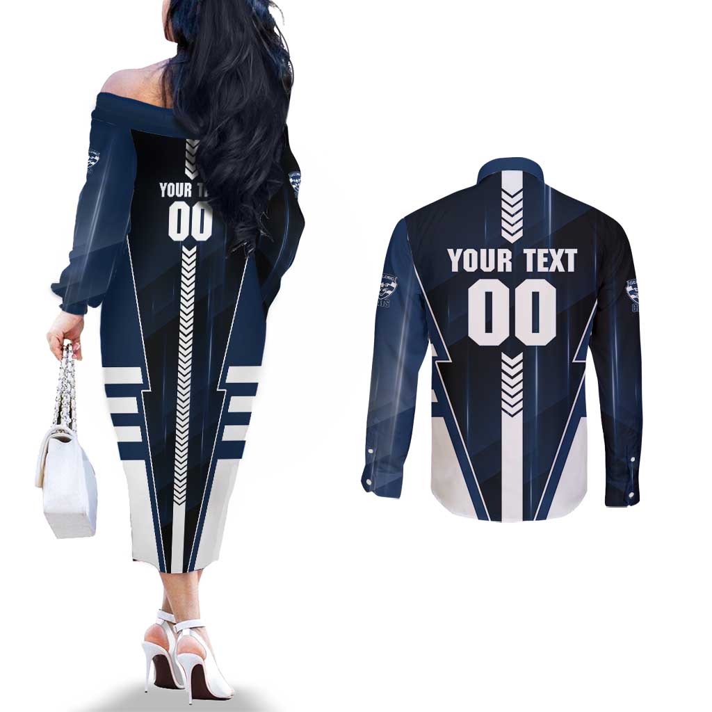 Personalized Geelong Cats Couples Matching Off The Shoulder Long Sleeve Dress and Long Sleeve Button Shirt Modern Geometric Sports Graphic Style
