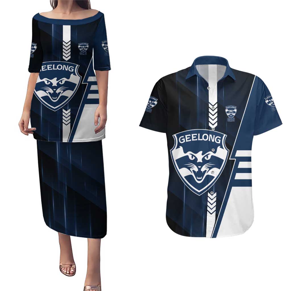 Personalized Geelong Cats Couples Matching Puletasi and Hawaiian Shirt Modern Geometric Sports Graphic Style