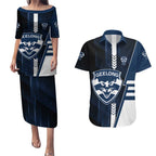 Personalized Geelong Cats Couples Matching Puletasi and Hawaiian Shirt Modern Geometric Sports Graphic Style