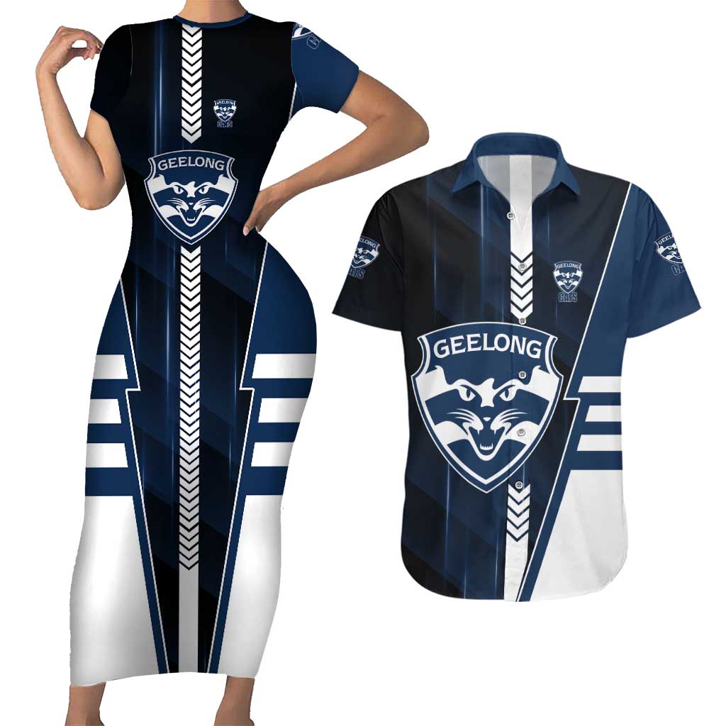 Personalized Geelong Cats Couples Matching Short Sleeve Bodycon Dress and Hawaiian Shirt Modern Geometric Sports Graphic Style