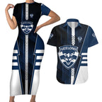 Personalized Geelong Cats Couples Matching Short Sleeve Bodycon Dress and Hawaiian Shirt Modern Geometric Sports Graphic Style