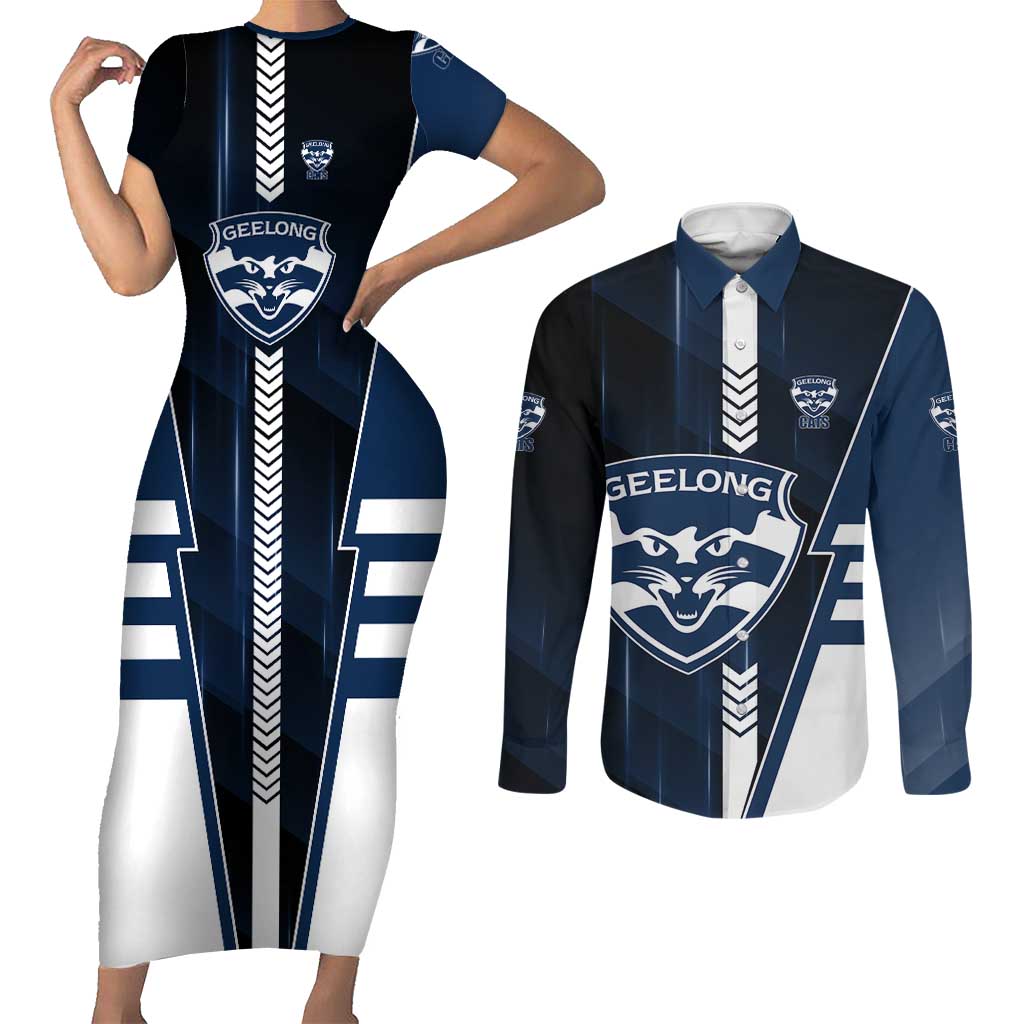 Personalized Geelong Cats Couples Matching Short Sleeve Bodycon Dress and Long Sleeve Button Shirt Modern Geometric Sports Graphic Style