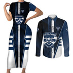 Personalized Geelong Cats Couples Matching Short Sleeve Bodycon Dress and Long Sleeve Button Shirt Modern Geometric Sports Graphic Style