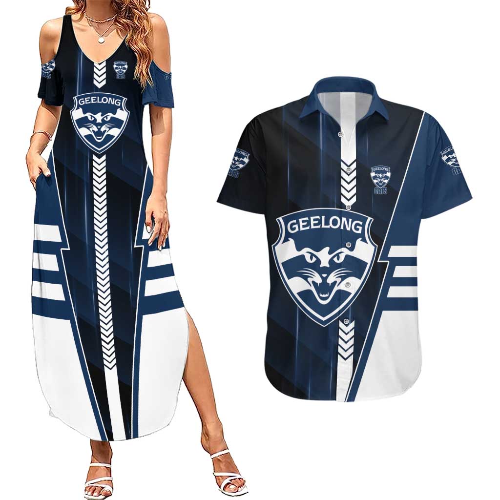 Personalized Geelong Cats Couples Matching Summer Maxi Dress and Hawaiian Shirt Modern Geometric Sports Graphic Style