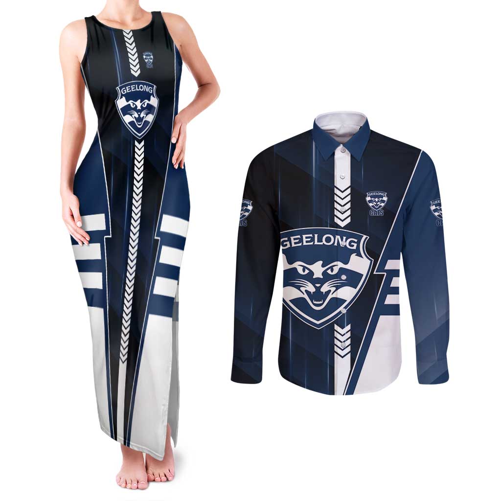 Personalized Geelong Cats Couples Matching Tank Maxi Dress and Long Sleeve Button Shirt Modern Geometric Sports Graphic Style