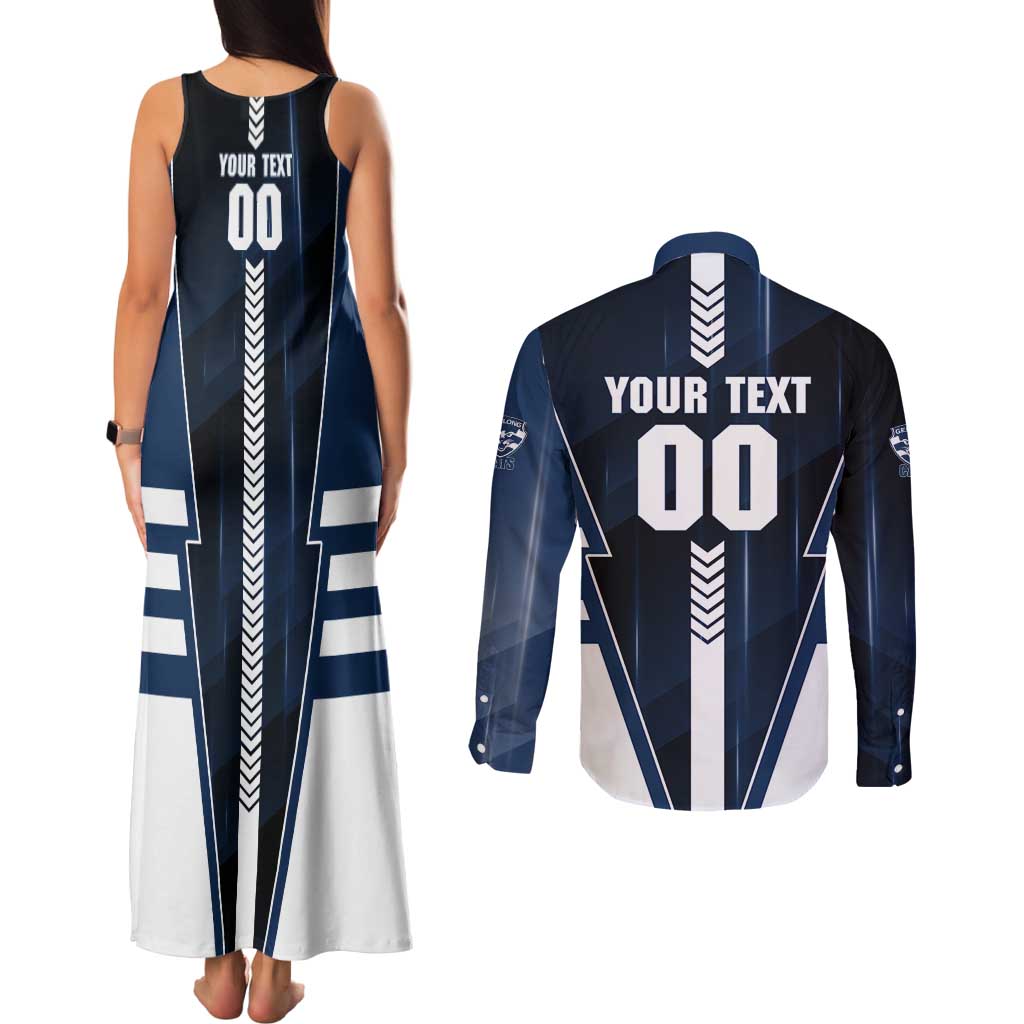 Personalized Geelong Cats Couples Matching Tank Maxi Dress and Long Sleeve Button Shirt Modern Geometric Sports Graphic Style