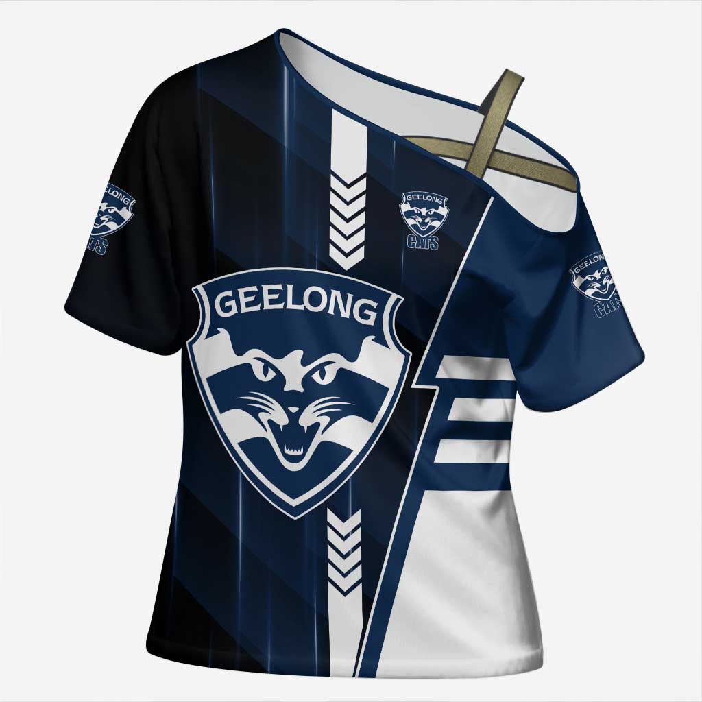 Personalized Geelong Cats Cross Shoulder Shirt Modern Geometric Sports Graphic Style