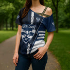 Personalized Geelong Cats Cross Shoulder Shirt Modern Geometric Sports Graphic Style