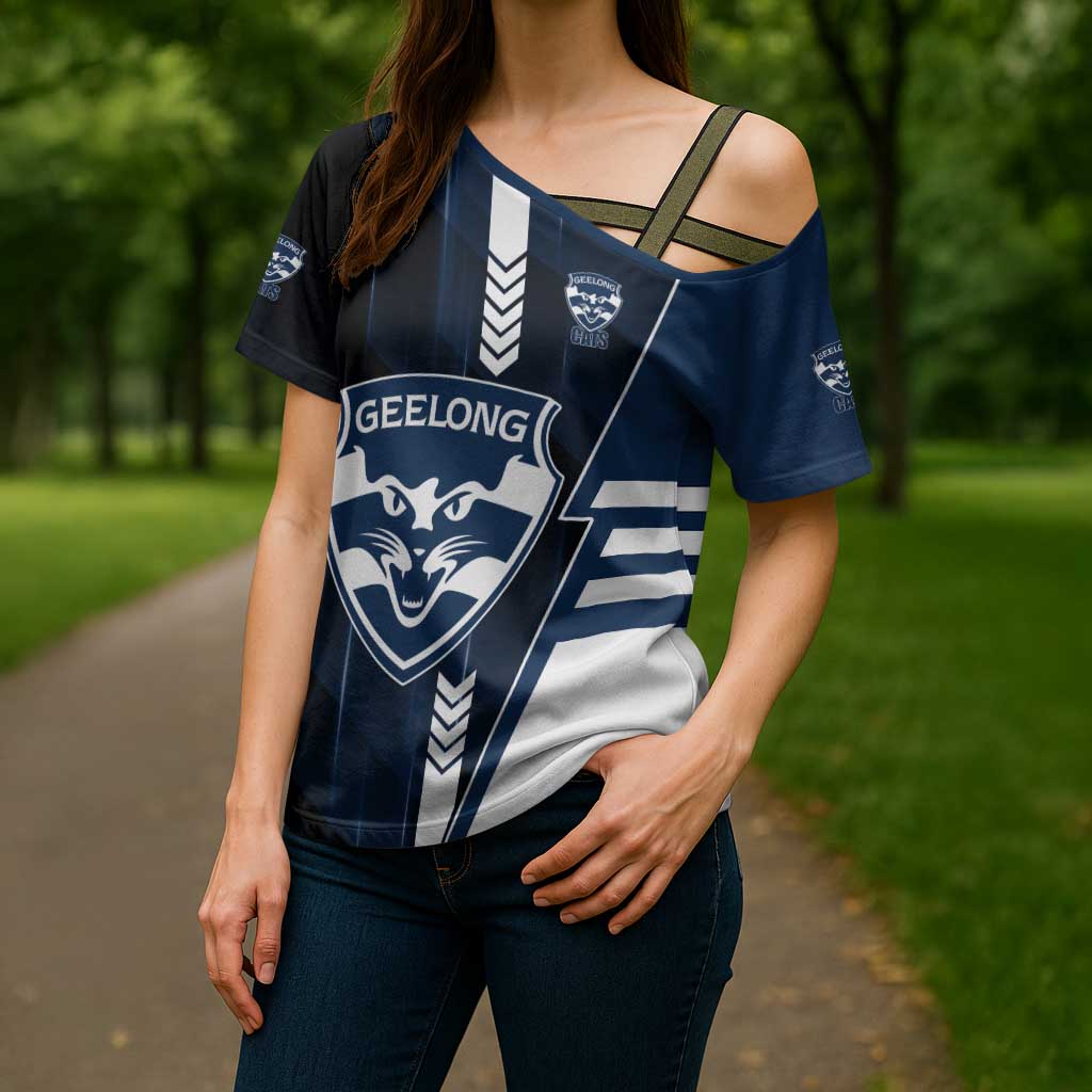 Personalized Geelong Cats Cross Shoulder Shirt Modern Geometric Sports Graphic Style