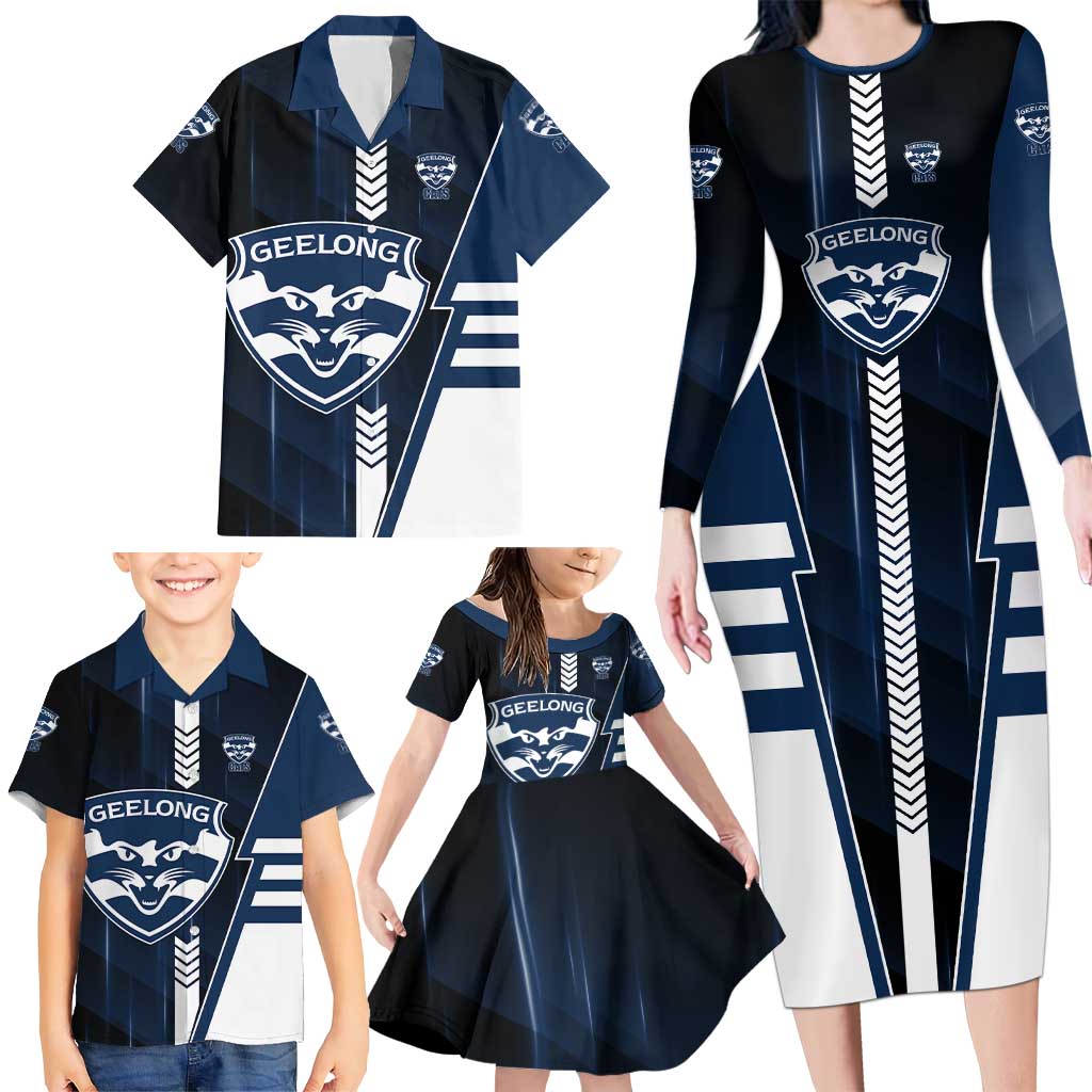 Personalized Geelong Cats Family Matching Long Sleeve Bodycon Dress and Hawaiian Shirt Modern Geometric Sports Graphic Style