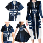 Personalized Geelong Cats Family Matching Long Sleeve Bodycon Dress and Hawaiian Shirt Modern Geometric Sports Graphic Style