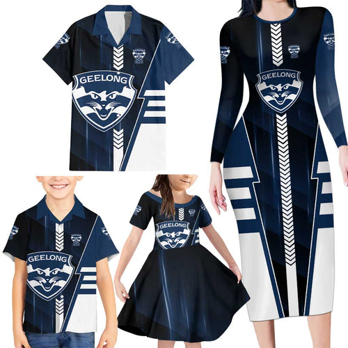 Personalized Geelong Cats Family Matching Long Sleeve Bodycon Dress and Hawaiian Shirt Modern Geometric Sports Graphic Style
