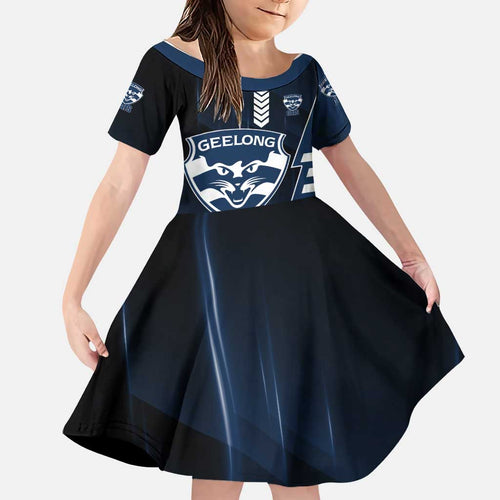 Personalized Geelong Cats Family Matching Long Sleeve Bodycon Dress and Hawaiian Shirt Modern Geometric Sports Graphic Style