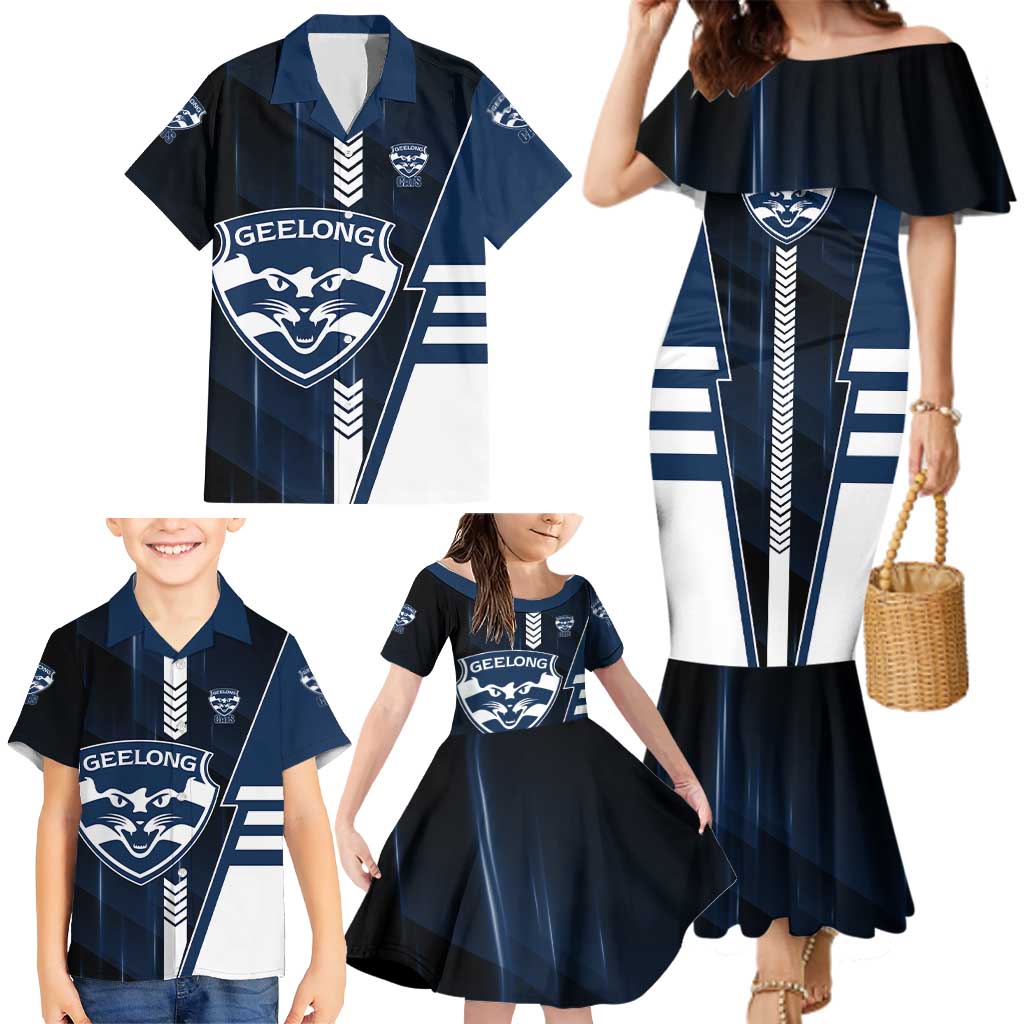 Personalized Geelong Cats Family Matching Mermaid Dress and Hawaiian Shirt Modern Geometric Sports Graphic Style