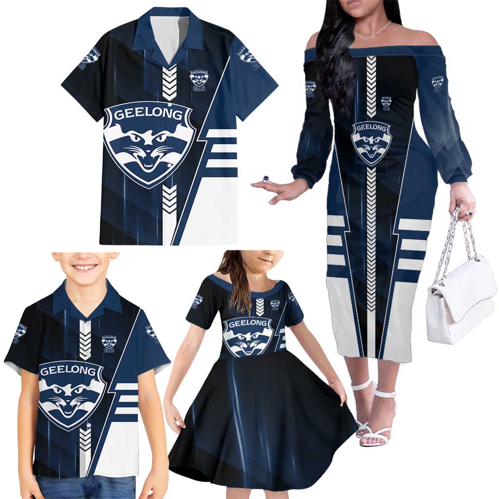 Personalized Geelong Cats Family Matching Off The Shoulder Long Sleeve Dress and Hawaiian Shirt Modern Geometric Sports Graphic Style