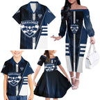 Personalized Geelong Cats Family Matching Off The Shoulder Long Sleeve Dress and Hawaiian Shirt Modern Geometric Sports Graphic Style