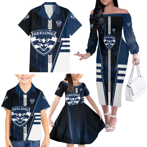 Personalized Geelong Cats Family Matching Off The Shoulder Long Sleeve Dress and Hawaiian Shirt Modern Geometric Sports Graphic Style