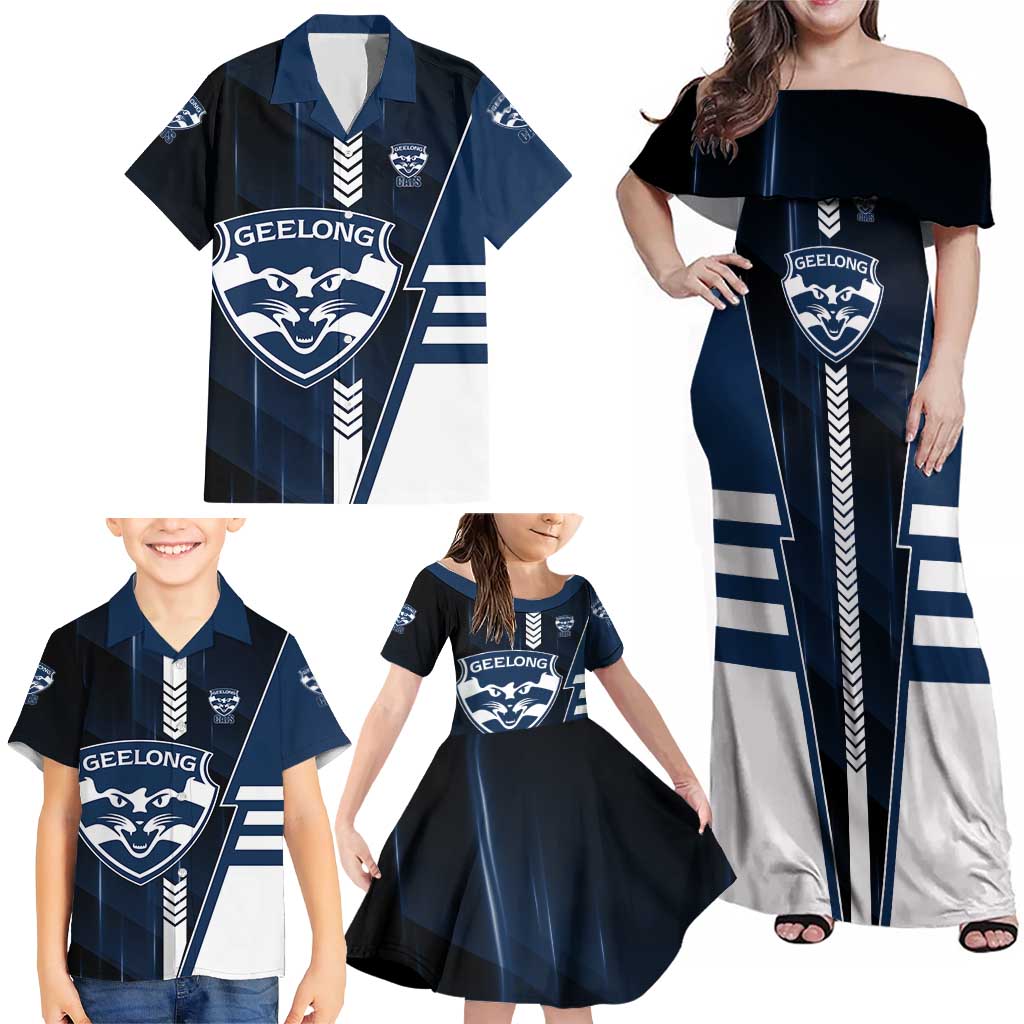 Personalized Geelong Cats Family Matching Off Shoulder Maxi Dress and Hawaiian Shirt Modern Geometric Sports Graphic Style