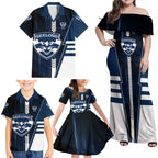Personalized Geelong Cats Family Matching Off Shoulder Maxi Dress and Hawaiian Shirt Modern Geometric Sports Graphic Style