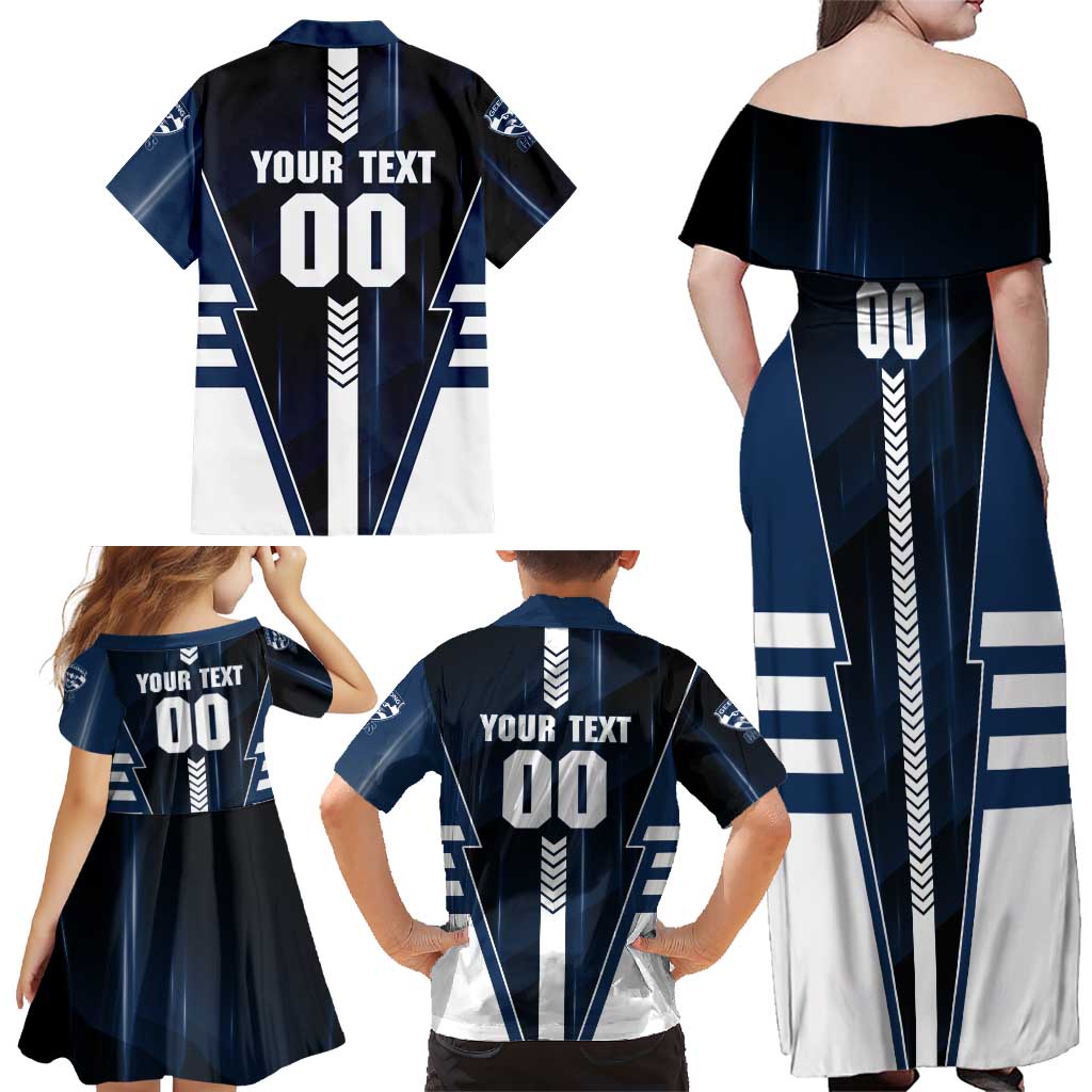 Personalized Geelong Cats Family Matching Off Shoulder Maxi Dress and Hawaiian Shirt Modern Geometric Sports Graphic Style
