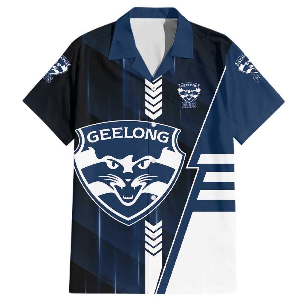 Personalized Geelong Cats Family Matching Off Shoulder Maxi Dress and Hawaiian Shirt Modern Geometric Sports Graphic Style