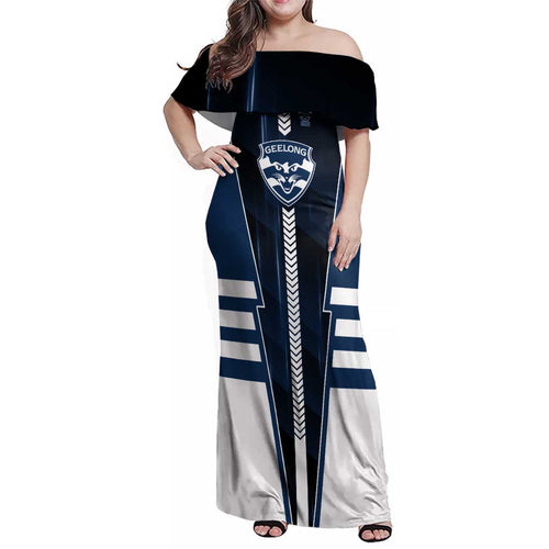 Personalized Geelong Cats Family Matching Off Shoulder Maxi Dress and Hawaiian Shirt Modern Geometric Sports Graphic Style