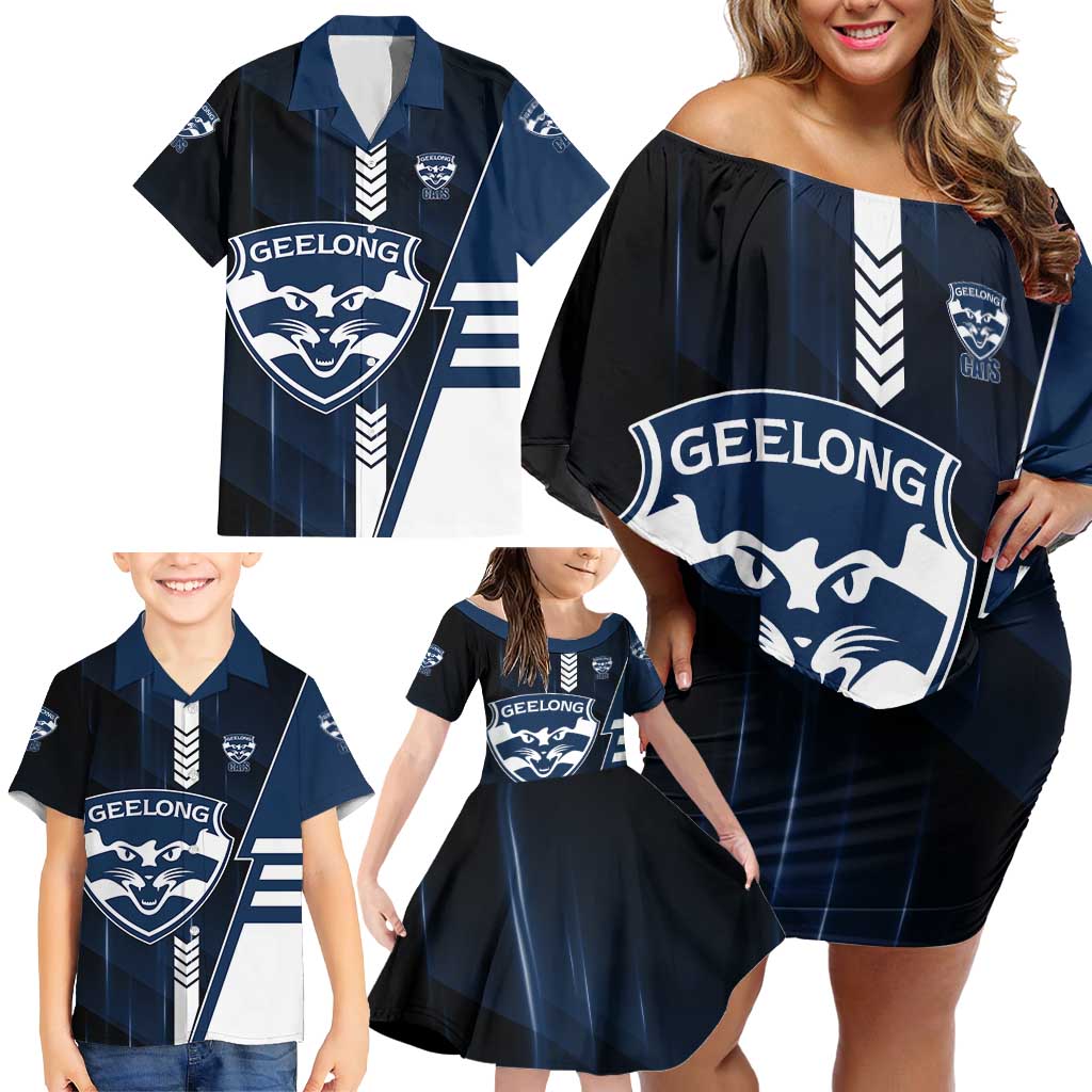 Personalized Geelong Cats Family Matching Off Shoulder Short Dress and Hawaiian Shirt Modern Geometric Sports Graphic Style