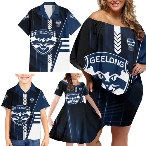 Personalized Geelong Cats Family Matching Off Shoulder Short Dress and Hawaiian Shirt Modern Geometric Sports Graphic Style