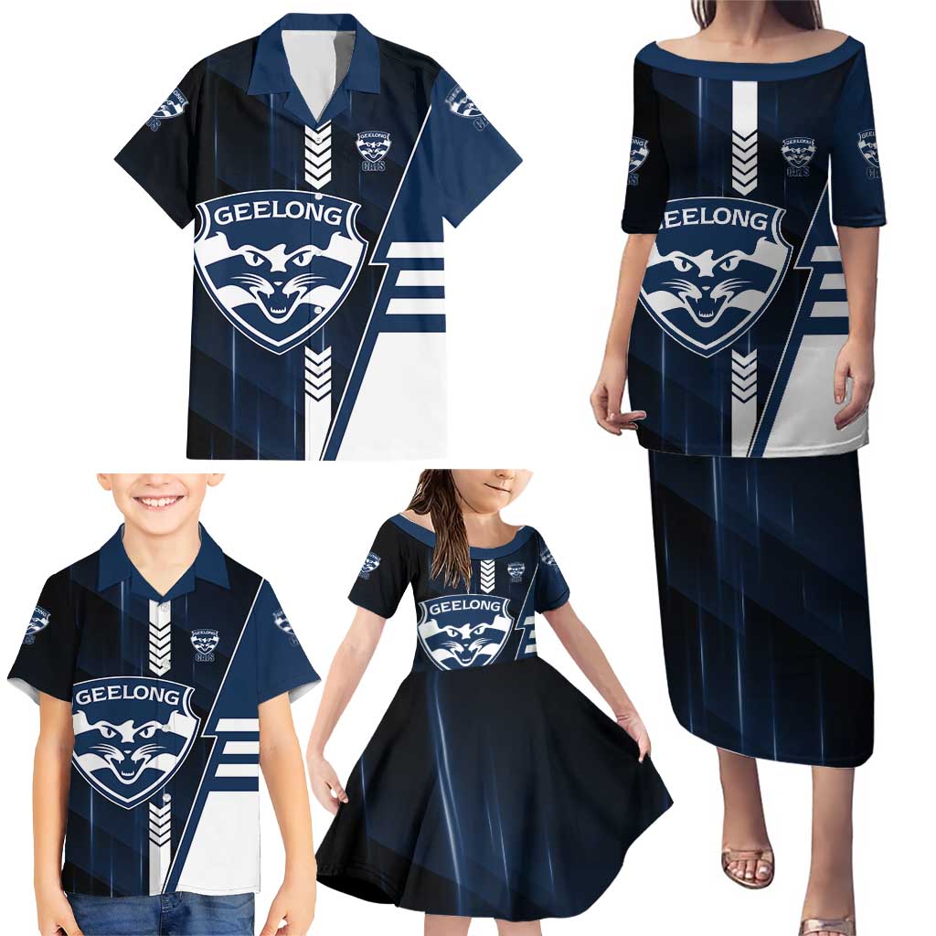 Personalized Geelong Cats Family Matching Puletasi and Hawaiian Shirt Modern Geometric Sports Graphic Style