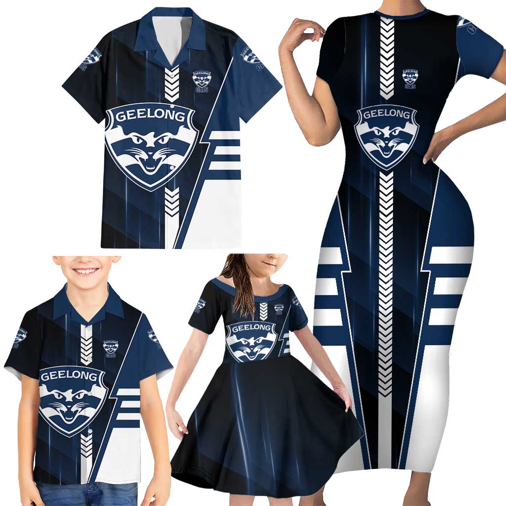 Personalized Geelong Cats Family Matching Short Sleeve Bodycon Dress and Hawaiian Shirt Modern Geometric Sports Graphic Style