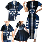 Personalized Geelong Cats Family Matching Short Sleeve Bodycon Dress and Hawaiian Shirt Modern Geometric Sports Graphic Style
