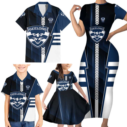Personalized Geelong Cats Family Matching Short Sleeve Bodycon Dress and Hawaiian Shirt Modern Geometric Sports Graphic Style