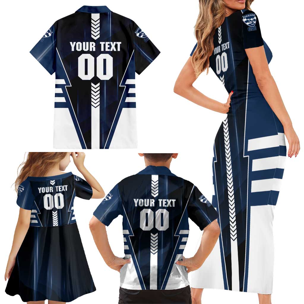 Personalized Geelong Cats Family Matching Short Sleeve Bodycon Dress and Hawaiian Shirt Modern Geometric Sports Graphic Style