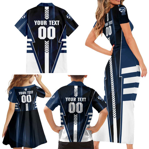Personalized Geelong Cats Family Matching Short Sleeve Bodycon Dress and Hawaiian Shirt Modern Geometric Sports Graphic Style