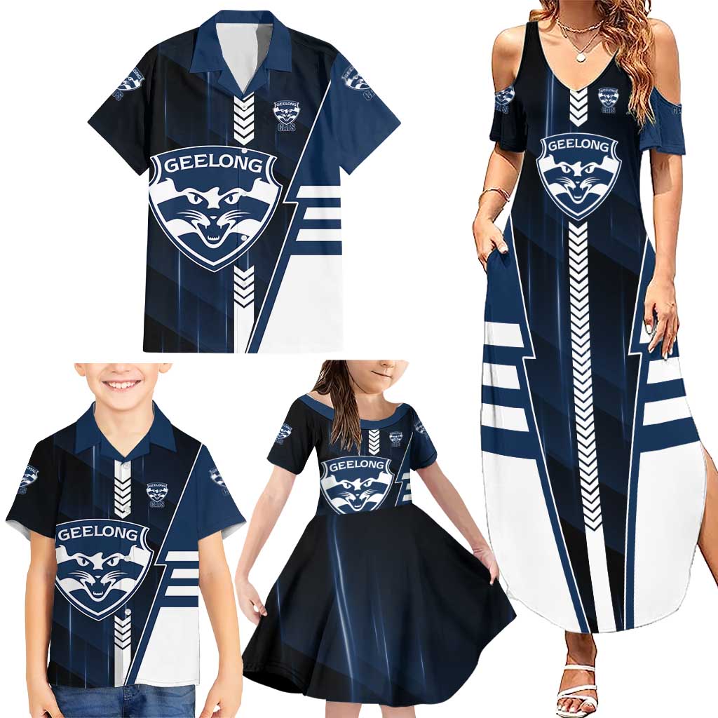 Personalized Geelong Cats Family Matching Summer Maxi Dress and Hawaiian Shirt Modern Geometric Sports Graphic Style