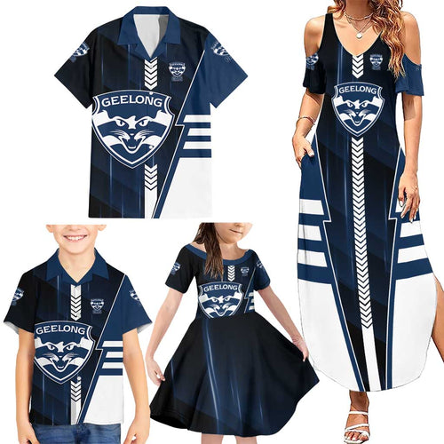 Personalized Geelong Cats Family Matching Summer Maxi Dress and Hawaiian Shirt Modern Geometric Sports Graphic Style