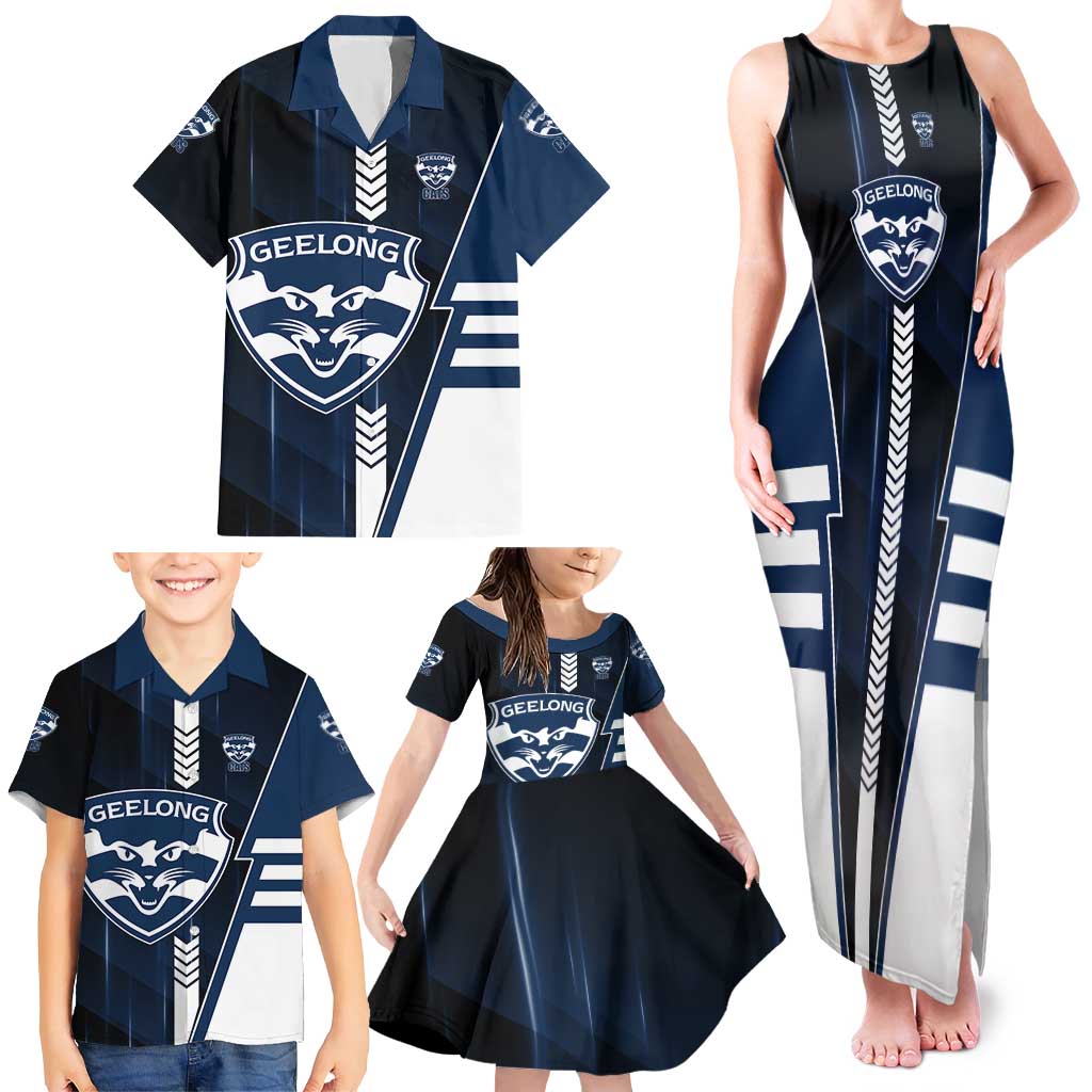 Personalized Geelong Cats Family Matching Tank Maxi Dress and Hawaiian Shirt Modern Geometric Sports Graphic Style