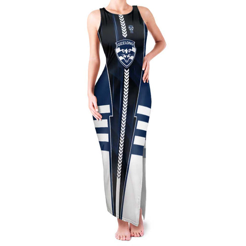 Personalized Geelong Cats Family Matching Tank Maxi Dress and Hawaiian Shirt Modern Geometric Sports Graphic Style
