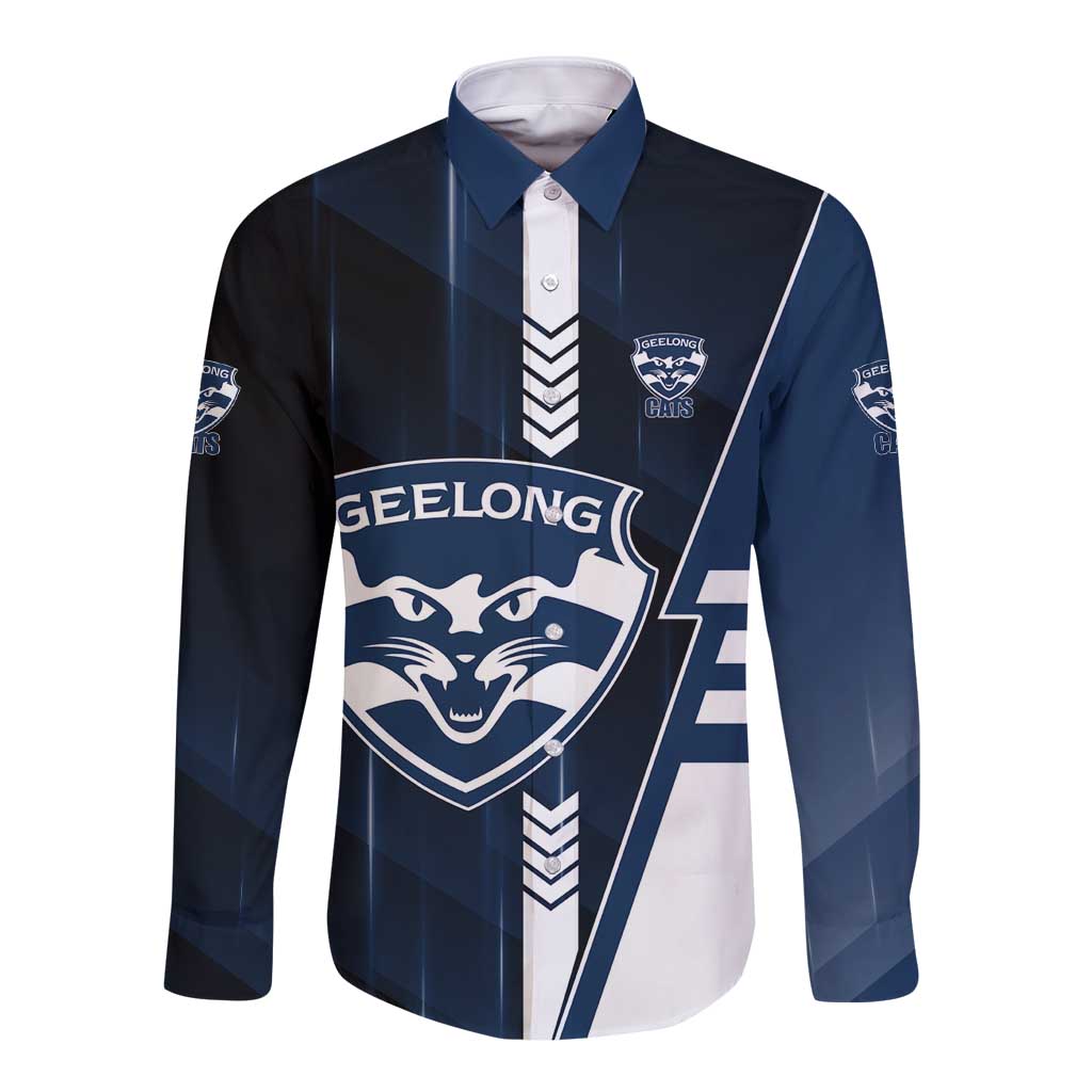 Personalized Geelong Cats Long Sleeve Button Shirt Modern Geometric Sports Graphic Style