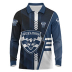 Personalized Geelong Cats Long Sleeve Polo Shirt Modern Geometric Sports Graphic Style