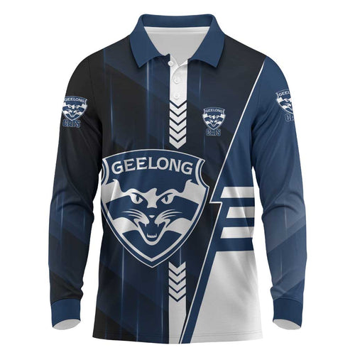 Personalized Geelong Cats Long Sleeve Polo Shirt Modern Geometric Sports Graphic Style