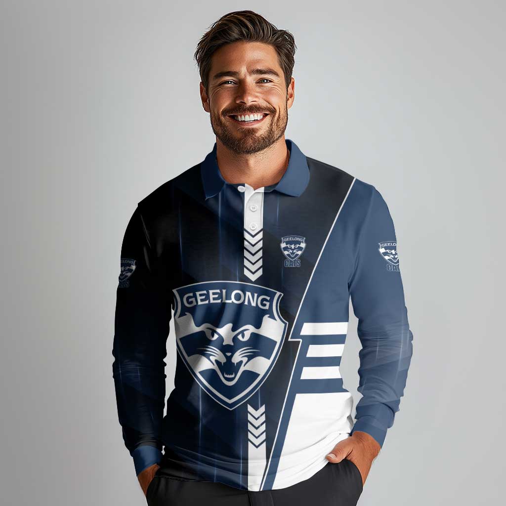 Personalized Geelong Cats Long Sleeve Polo Shirt Modern Geometric Sports Graphic Style