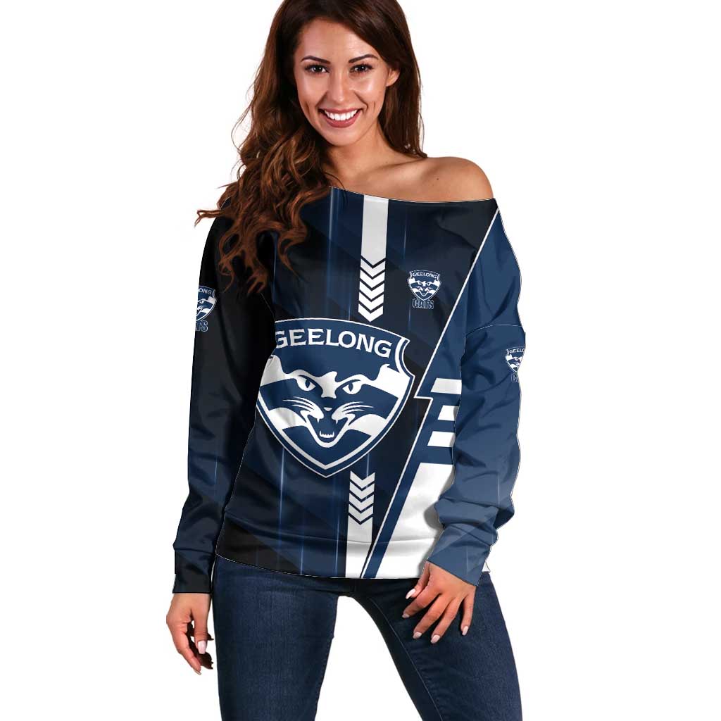 Personalized Geelong Cats Off Shoulder Sweater Modern Geometric Sports Graphic Style