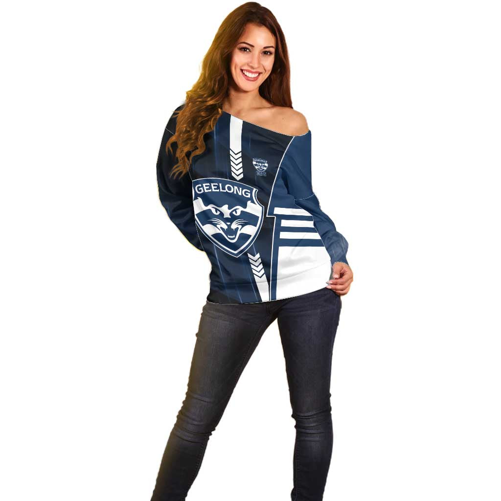 Personalized Geelong Cats Off Shoulder Sweater Modern Geometric Sports Graphic Style