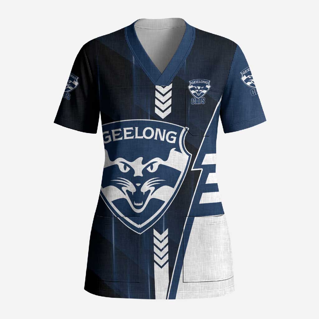 Personalized Geelong Cats Scrub Top Modern Geometric Sports Graphic Style
